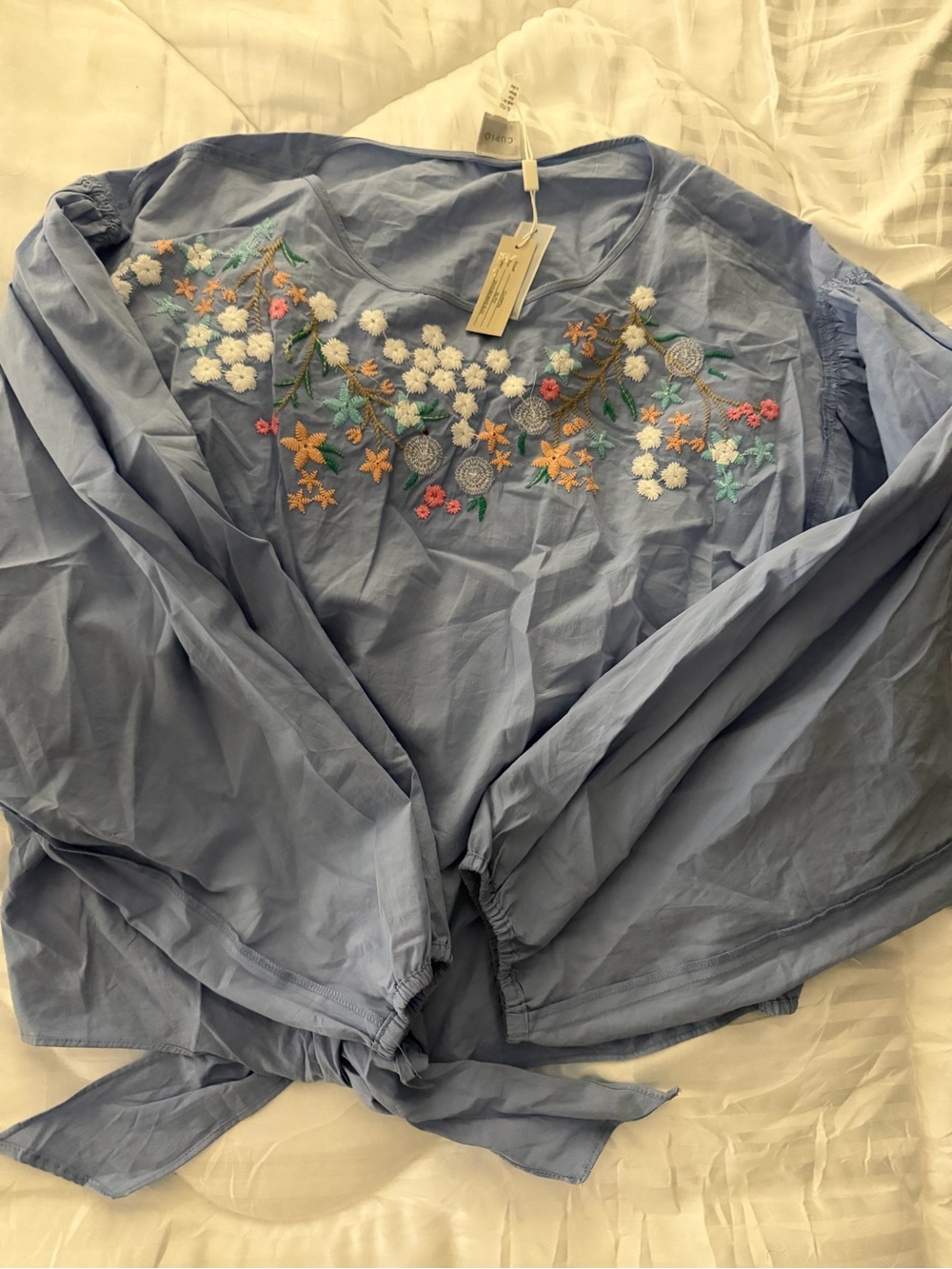 Embroidered Light Blue Women's Tie-Front Blouse